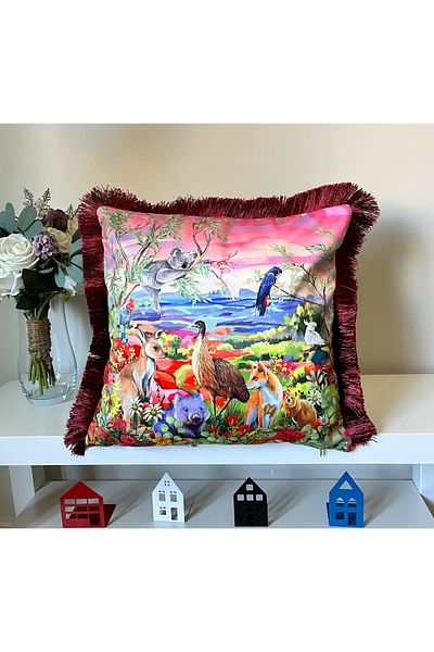 DECO Patterned Digital Printed Velvet Throw Pillow - Fringed, Cute Animals Day Sunset