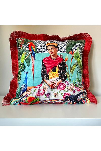 DECO Red Fringed Mexican Velvet Throw Pillow - Tropical Pattern and Digital Printed