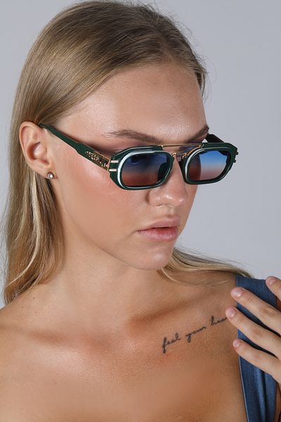 Angel Eyes Green Frame Blue Gradient Glass - Women's Sunglasses, Rectangular Gold Detailed