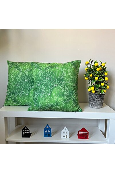 DECO Kırlent Kılıfı Yeşil Ombre Zemin Yaprak Desenli Dijital Baskılı