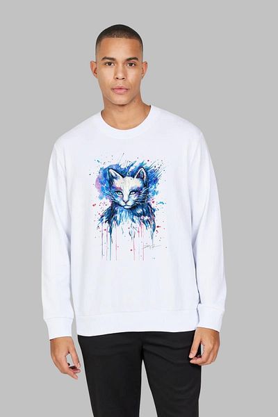 Nyda Collections Hanorac oversize din bumbac unisex cu imprimeu de pisici - mânecă lungă, decolteu, fără glugă
