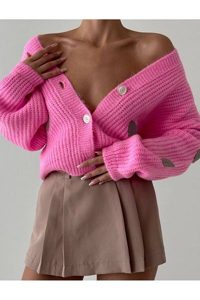 My Blog Candy Pink-Grey Heart Bunte geknöpfte Strickjacke mit V-Ausschnitt-4422