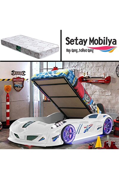 Setay Arabalı Yatak, Jaguar Bazalı Koltuklu Full Ledli Arabalı Yatak - Beyaz 1 Adet Comfort Yatak