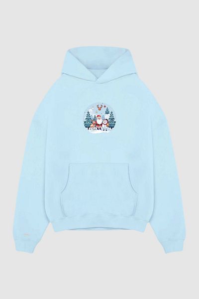 Nyda Collections Hanorac unisex oversize cu buzunar cangur cu 3 fire, cu glugă, cu mânecă lungă, imprimat de Crăciun