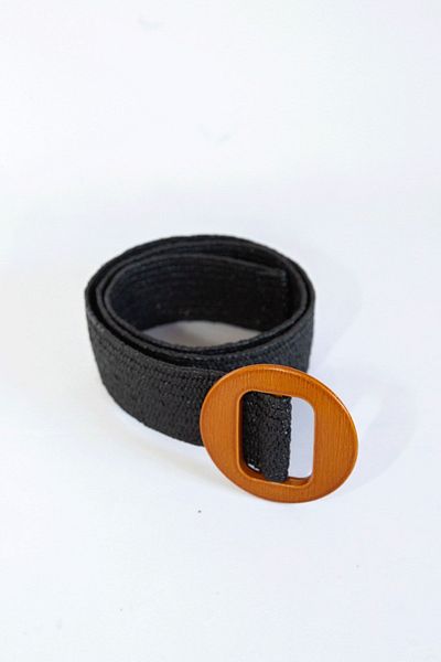 Sun Pieces Black Jute Elastic Belt, Straw Belt with Wooden Buckle, Summer Belt