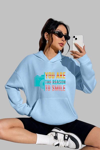 Nyda Collections Унисекс суичър с качулка Oversize - дълъг ръкав, щампа на усмивка, памук