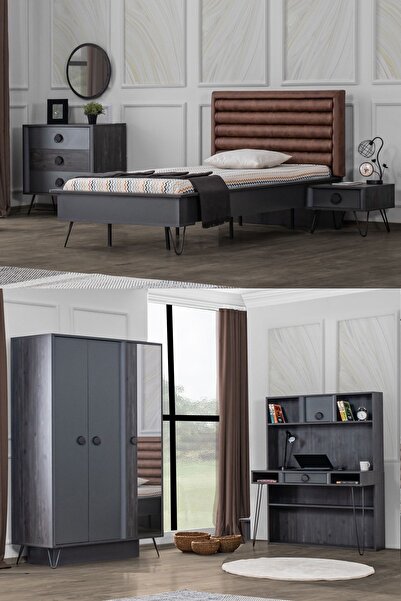 Setay Black New Genç Odası - 3 Kapılı Dolap, Karyola, Komodin, Şifonyer, Masa