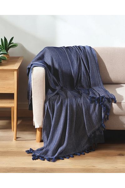 Lux Touch Κάλυμμα καθίσματος Lina Navy Blue Cotton Tasseled - 170 x 210 cm Κάλυμμα καναπέ-κρεβάτι Divan
