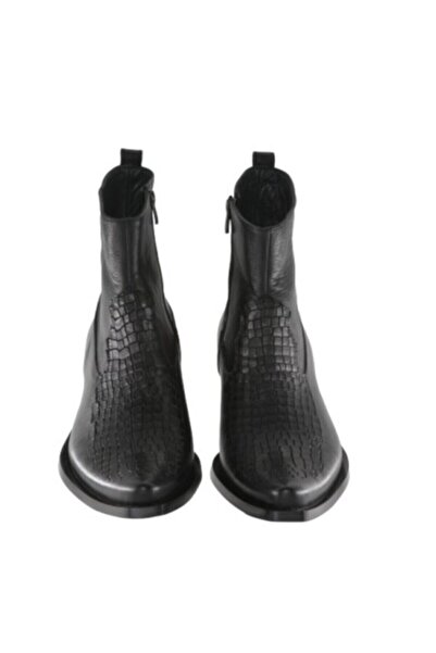 bayscarpa man Siyah Kovboy Fermuarlı Desenli Tek Parça Deri Bot