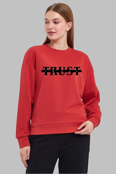 Nyda Collections Унисекс суитшърт с голям размер от памук с щампа Trust - дълъг ръкав, кръгло деколте, без качулка