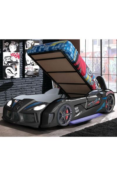 Setay Arabalı Yatak, Audi Bazalı Kapıları Açılabilen Koltuklu Full Ledli Arabalı Yatak - Siyah