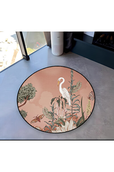 Rugs Modern Halı Powder Theme Stork and Flowers Patterned Round Woven Base Mo...