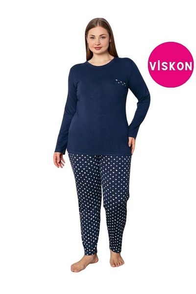 bie's Large Size Navy Blue Polka Dot Seasonal Pajama Set - Crew Neck, Long Sleeve and Pocket