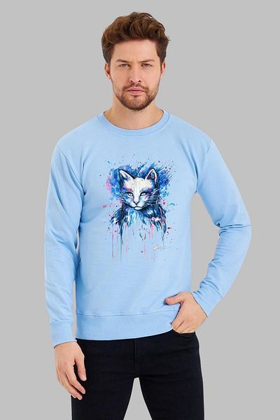 Nyda Collections Hanorac oversize din bumbac unisex cu imprimeu de pisici - mânecă lungă, decolteu, fără glugă