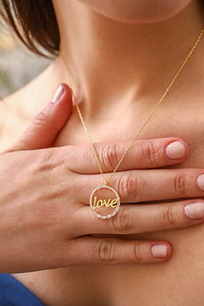 Zirkon Taşlı 925 Ayar Gümüş Love Yazılı Kolye Gold