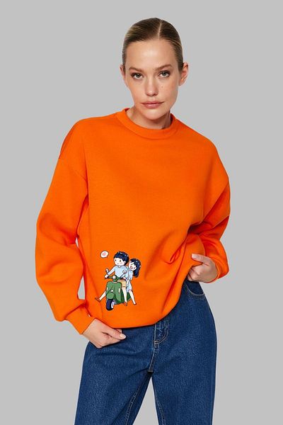 Nyda Collections Hanorac supradimensionat unisex fără glugă cu imprimeu Motor Love - mânecă lungă, decolteu