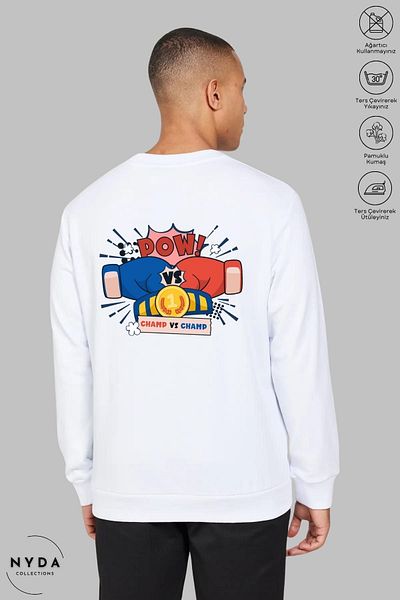 Nyda Collections Hanorac oversize unisex fără glugă cu imprimeu boxing - mânecă lungă, decolteu, bumbac