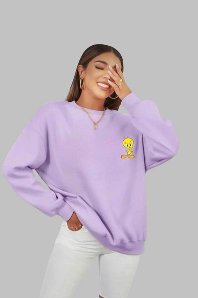 Nyda Collections Унисекс памучен суичър с щампа Tweety - дълъг ръкав, кръгла яка, без качулка