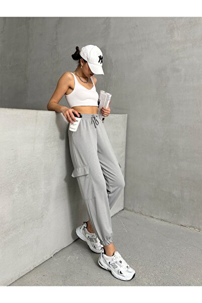 BEJNA Γκρι Modal Textured Soft Touch γυναικείο παντελόνι με πλαϊνές τσέπες