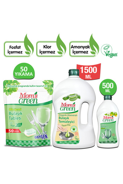 Mom's Green 3'LÜ SET- 50'Lİ BULAŞIK MAKİNESİ TABLETİ-1500 ML ELDE BULAŞIK TEM...