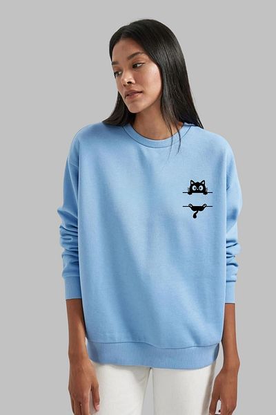 Nyda Collections Hanorac supradimensionat unisex din bumbac cu imprimeu pentru pisici - mânecă lungă, gât crew, fără glugă