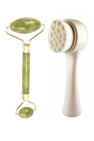 TİNEKE Double Sided Jade Stone Skin Cleansing Brush and Roller - Massage Care Tool
