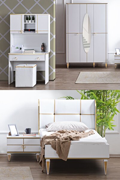 Setay Gold Genç Odası - 3 Kapaklı Dolap, Karyola, Komodin, Masa