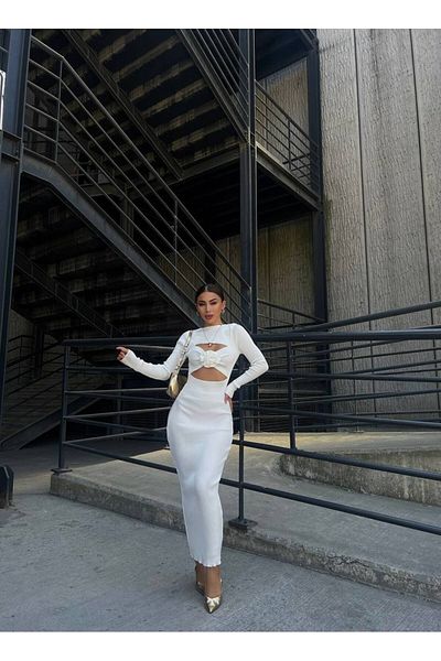 Gallogi Midi Length Rose Detailed Cut Out Long Sleeve Knitwear Dress