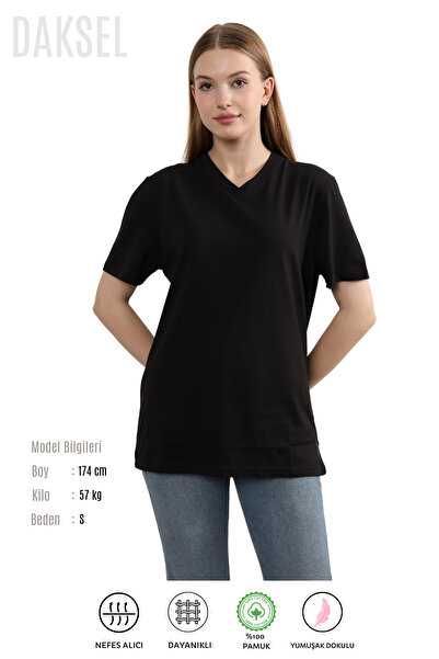 DAKSEL Γυναικείο κοντομάνικο μπλουζάκι με λαιμόκοψη V Basic καλοκαιρινό μαύρο