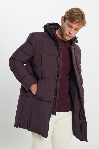 AC&Co / Altınyıldız Classics Claret Red Men's Coat - Standard Fit, Hooded, Stand Collar and Side Pocket