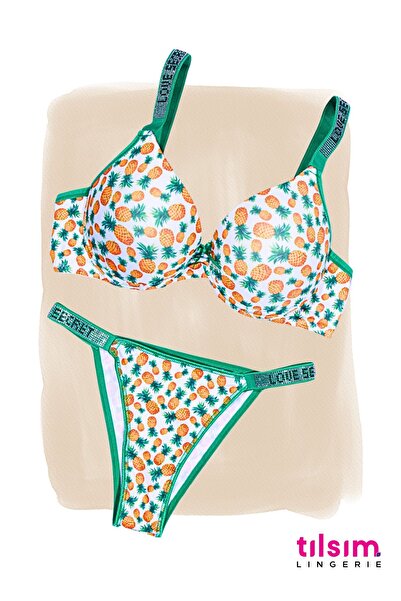 AYMİSH Set de sutien cu agățat cu pietre din microțesătură cu imprimeu ananas...