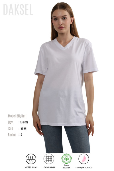 DAKSEL Kadın V Yaka Kısa Kollu Basic Yazlık Beyaz Tişört