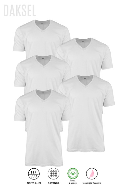 DAKSEL Women's V-Neck 5 Pack Basic Summer White T-Shirt