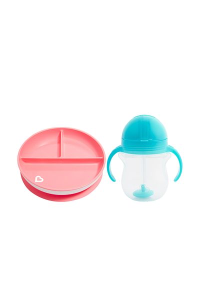 Munchkin Pack of 2 Fixed Vacuum Feeding Plates and Click Tip Training Cups - Pink&Blue