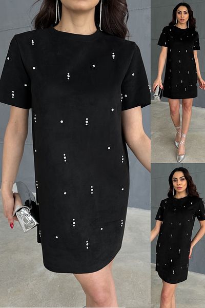 FEMELLE Rochie de dama din piele intoarsa artificiala cu pietre negre