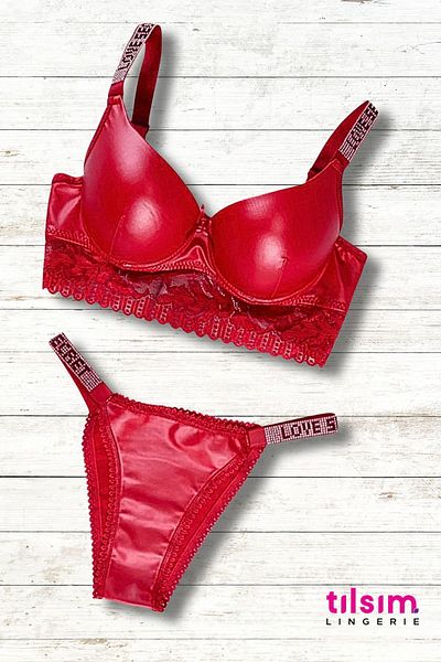 AYMİSH Aymish Red Stone Padded Bra Set - Leather Detailed