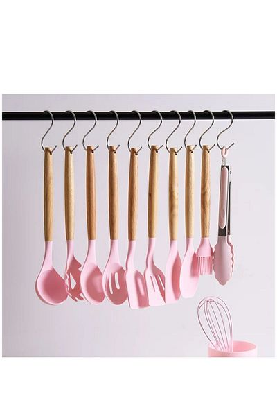 safestore 12 Pieces Wooden Handle Silicone Kitchen Pastry Silicone Ladle Beater Brush Colander Spoon Holder Tongs Spatula Set