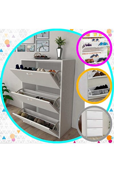 Modilayn TRIPLEX Kapıönü 3 Katlı Düşer Kapak Beyaz Ayakkabılık, Ayakkabı Dolabı, Beyaz