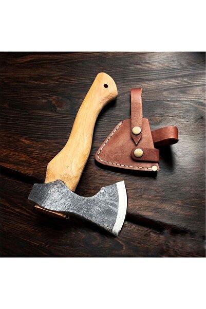 John Connely EL YAPIMI BALTA ODUN KIRMA KESME KAMP ORMAN AHŞAP KABZE DERİ KILIFLI - 26 CM