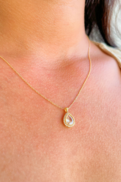 Puffa Damla Model Zirkon Taşlı Rodyum Kaplama Gold Renk Kolye