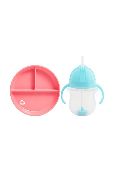 Munchkin Pack of 2 Fixed Vacuum Feeding Plates and Click Tip Training Cups - Pink&Blue