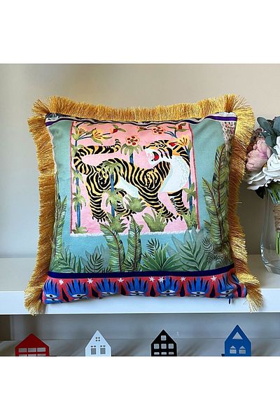 DECO Bengal Patterned Digital Printed Velvet Fringed - Watercolor, Throw Pillow Cover