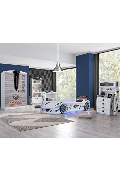 Setay Çocuk Odası - Jaguar Arabalı Yatak, Sports 3 Kapılı Dolap, Masa, Şifonyer, Kitaplık - Beyaz