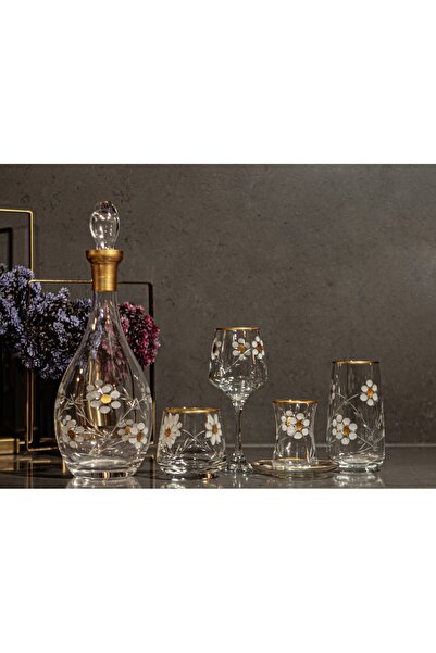 sudeka 61 Parça 12 Kişilik Papatya El Dekor Kristal Kesme Gold Cam Su Takımı