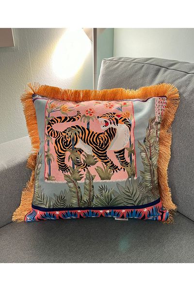 DECO Bengal Patterned Digital Printed Velvet Fringed - Watercolor, Throw Pillow Cover