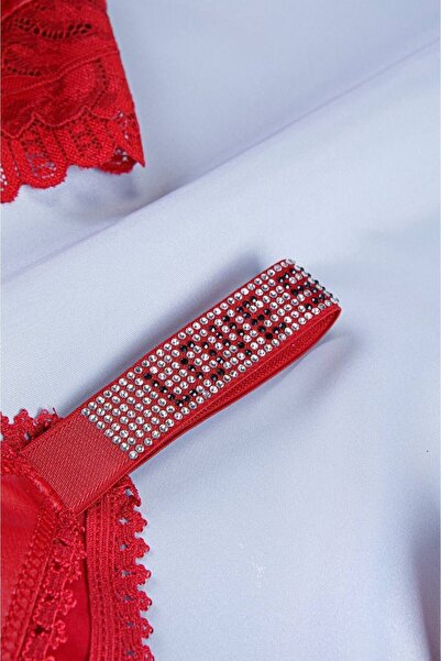 AYMİSH Aymish Red Stone Padded Bra Set - Leather Detailed