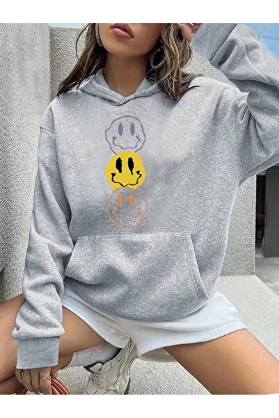 PALPİTO Sivi osmehnuti likovi Štampano Sa kapuljačom Hoodie - ženska jakna sa...