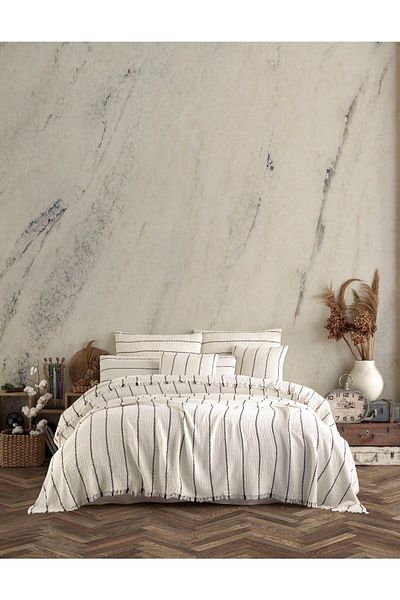 destinyhometex Beige Ethnic Patterned Natural 4 Layer Multi Muslin 100% Cotton Double Bedspread 240x250cm