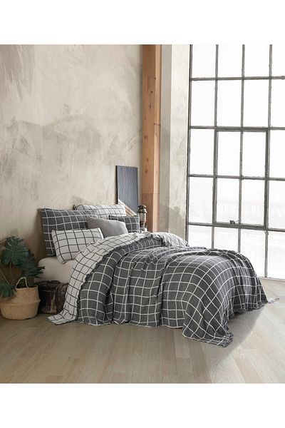 destinyhometex Gray Square Patterned Natural 4 Layer Multi Muslin 100% Cotton Double Bedspread 240x250cm