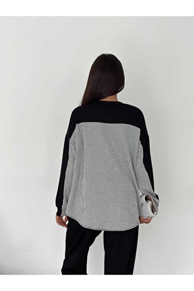 Paraf style Modal Fabric Oversize csíkos pulóver és kocogó nadrág - 2 db-os készlet